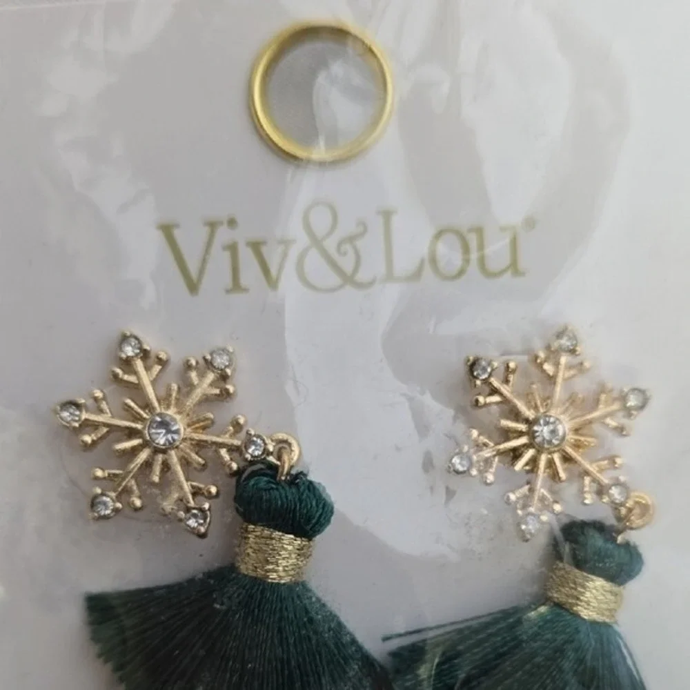 Viv & Lou Green Let It Snow Christmas Earrings, Gold Tone and Green, New‎
